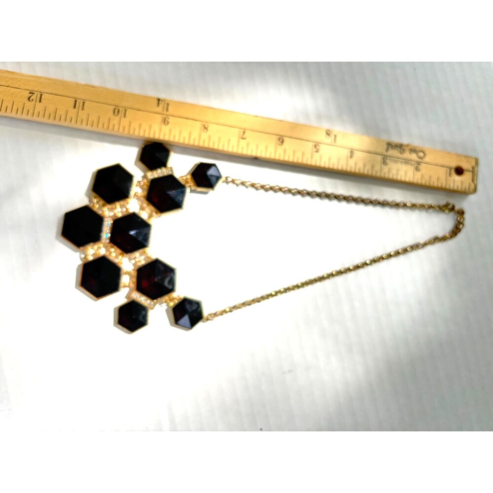 Vintage Style Black Hexagon Statement Necklace Gold Tone Honeycomb Collar Retro - Picture 4 of 4